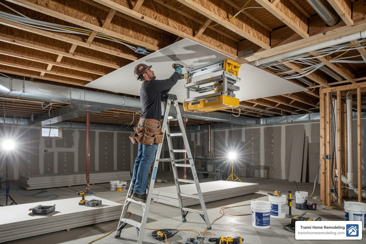 Commercial drywall contractor completing sheetrock installation